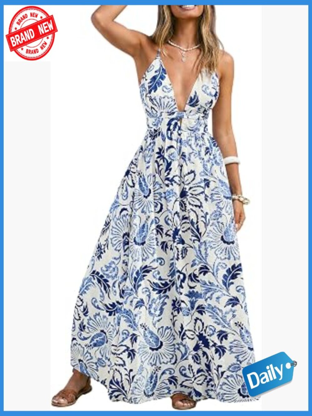 Deep V Neck Backless High Waist A-Line Flowy Maxi Dress